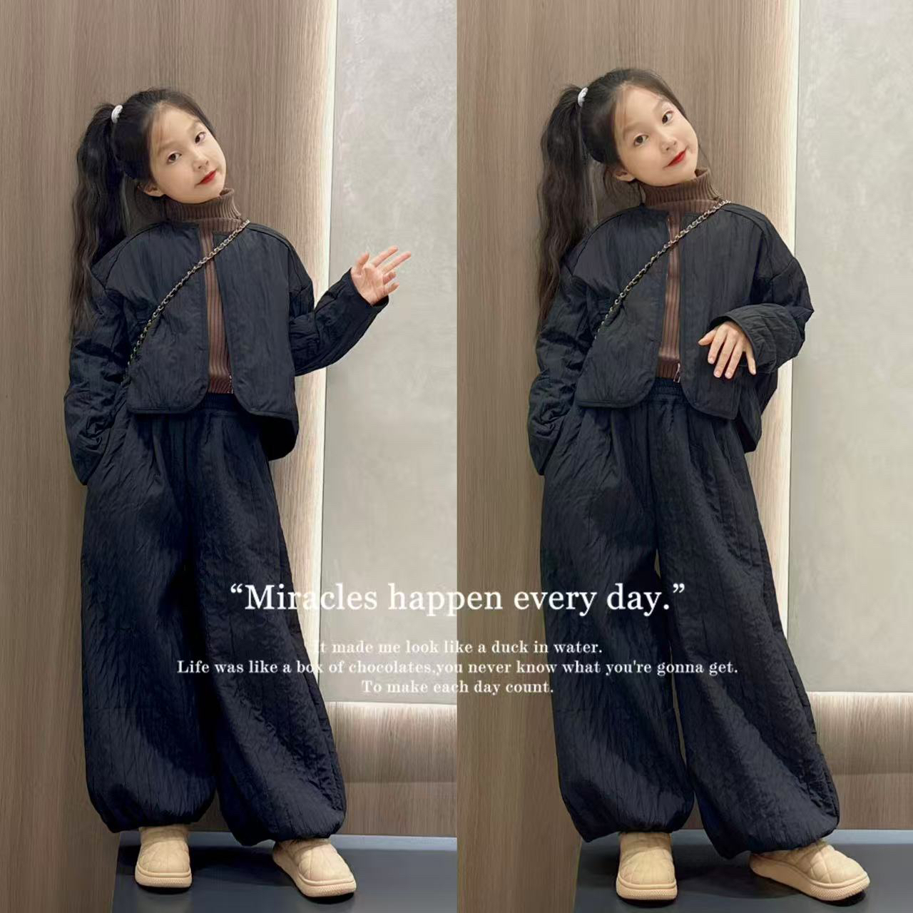 女童冬季套装2025年新款儿童棉服外套加绒阔腿裤时尚秋冬装两件套