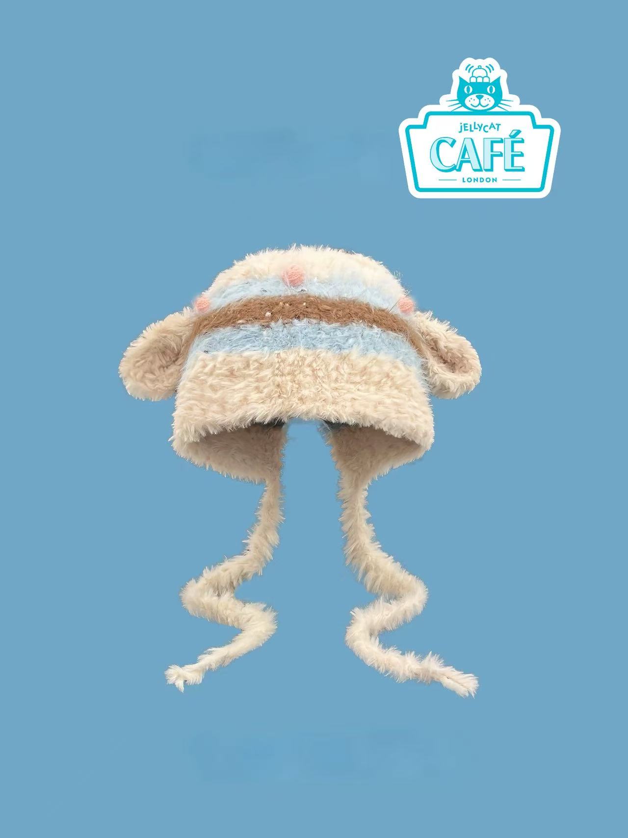 日系可爱小羊耳朵毛绒条纹针织帽子女秋冬辫子护耳毛线帽雷锋帽潮