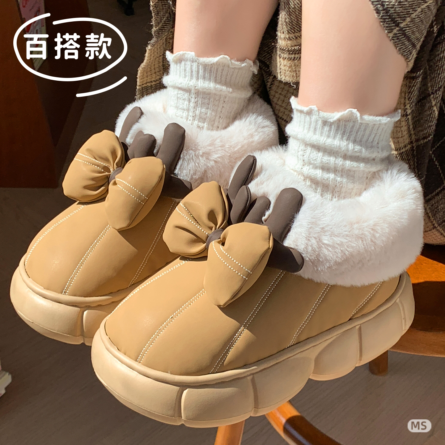 可爱鹿角毛绒防水雪地靴女秋冬网红时尚外传防滑厚底中通棉鞋