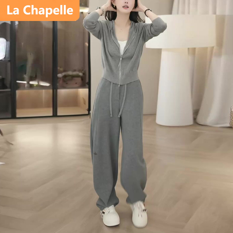 拉夏贝尔运动风休闲时尚套装秋冬2025韩版松弛灰色长袖卫衣两件套