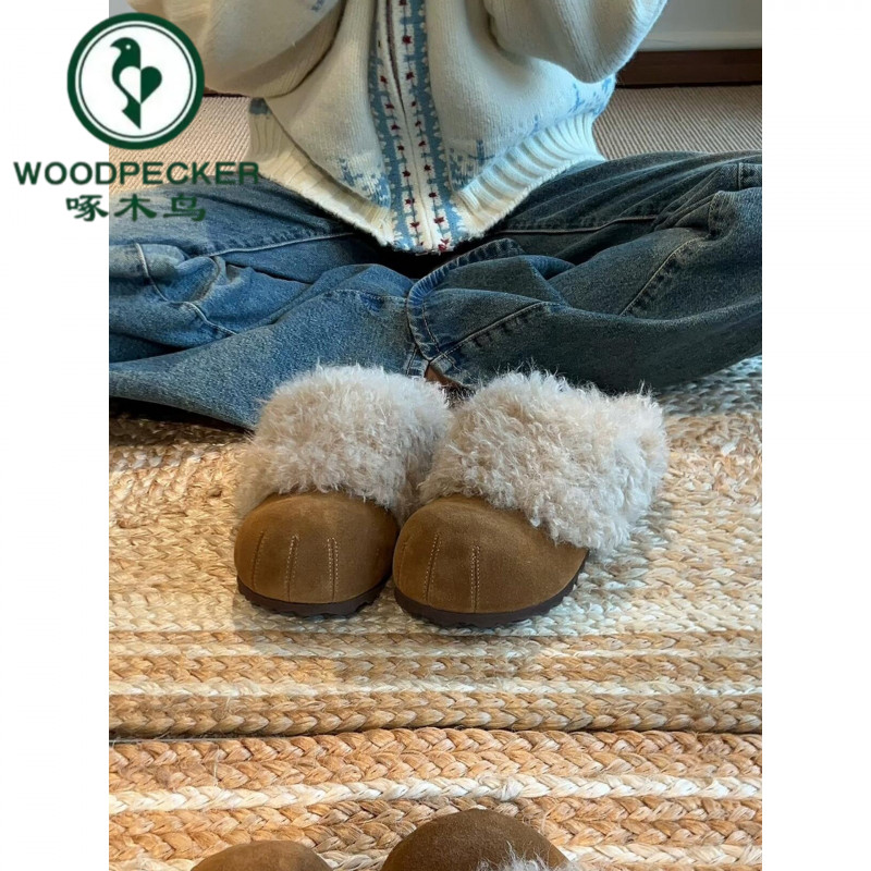 啄木鸟毛绒绒雪地靴女2025冬季新款皮毛一体勃肯棉鞋厚底包头拖鞋