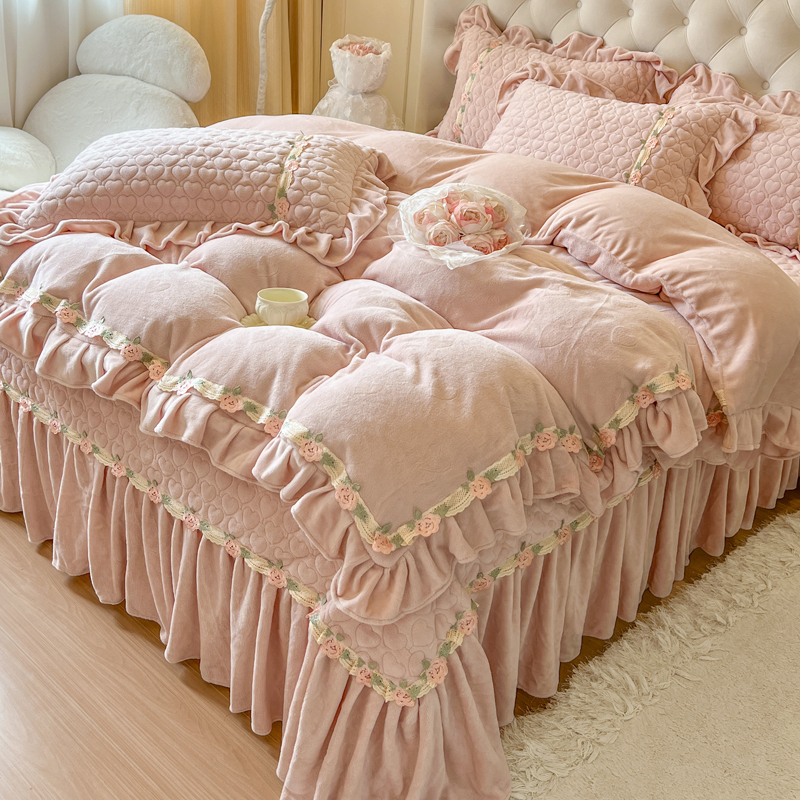 a冬季少女加厚牛奶绒四件套公主风双面毛加厚牛奶绒公主磨毛件套