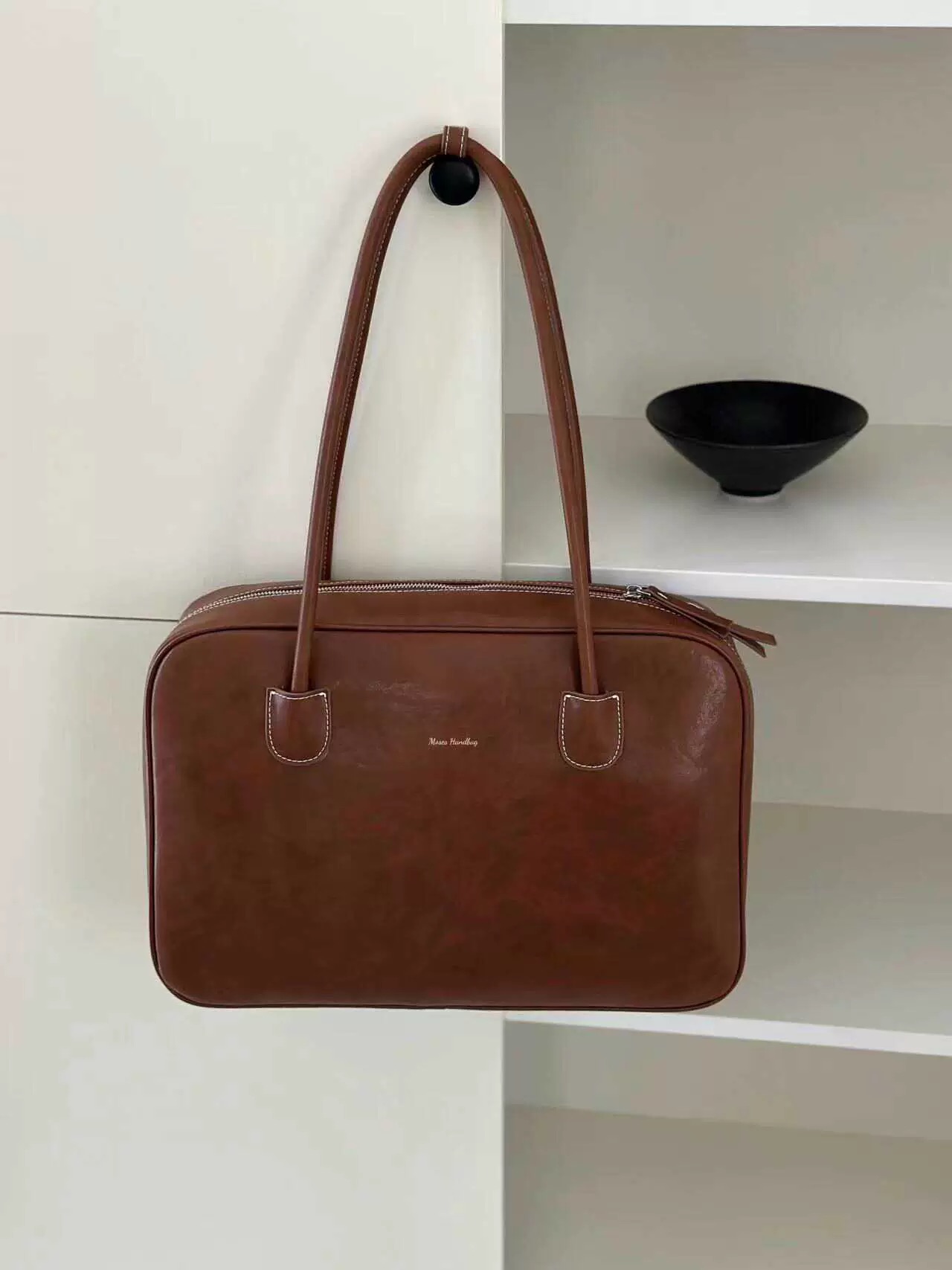 摩西奶奶 复古单肩包通勤棕色潮流夹层拉链袋文艺风小众电脑包