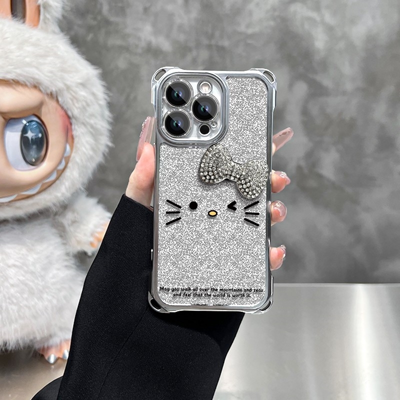 适用喵咪蝴蝶结苹果16promax电镀四角挂绳手机壳vivo华为oppo小米