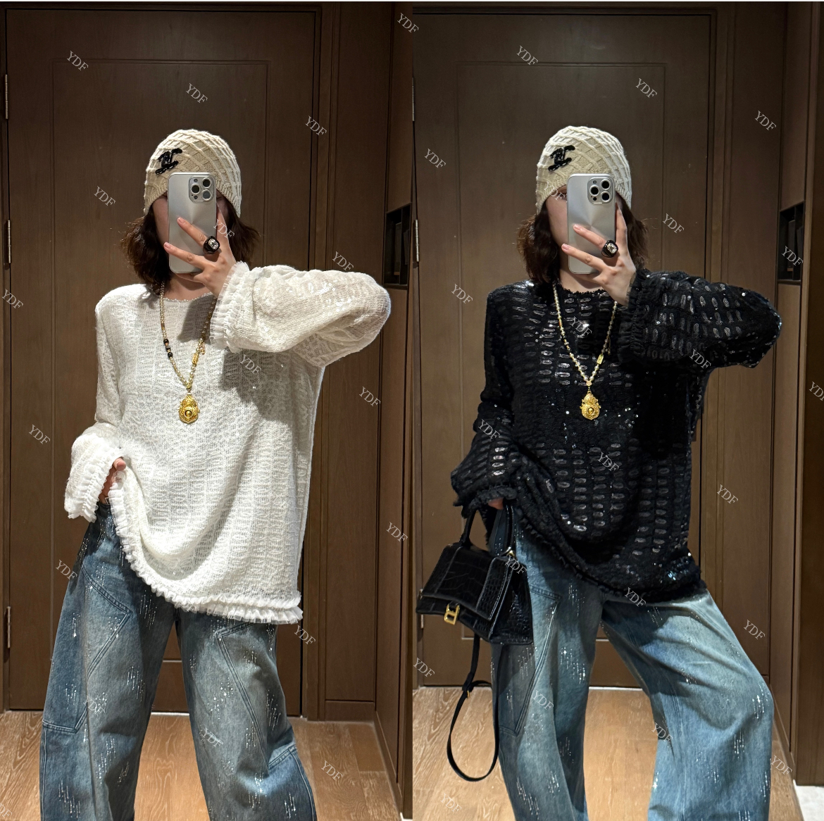 YDFSTUDIO小众【法式日志】欧货早秋重工亮片拼接设计时尚百搭上衣