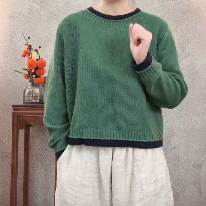 小个子3678拼色色织圆领线衣针织衫衣长49胸围110