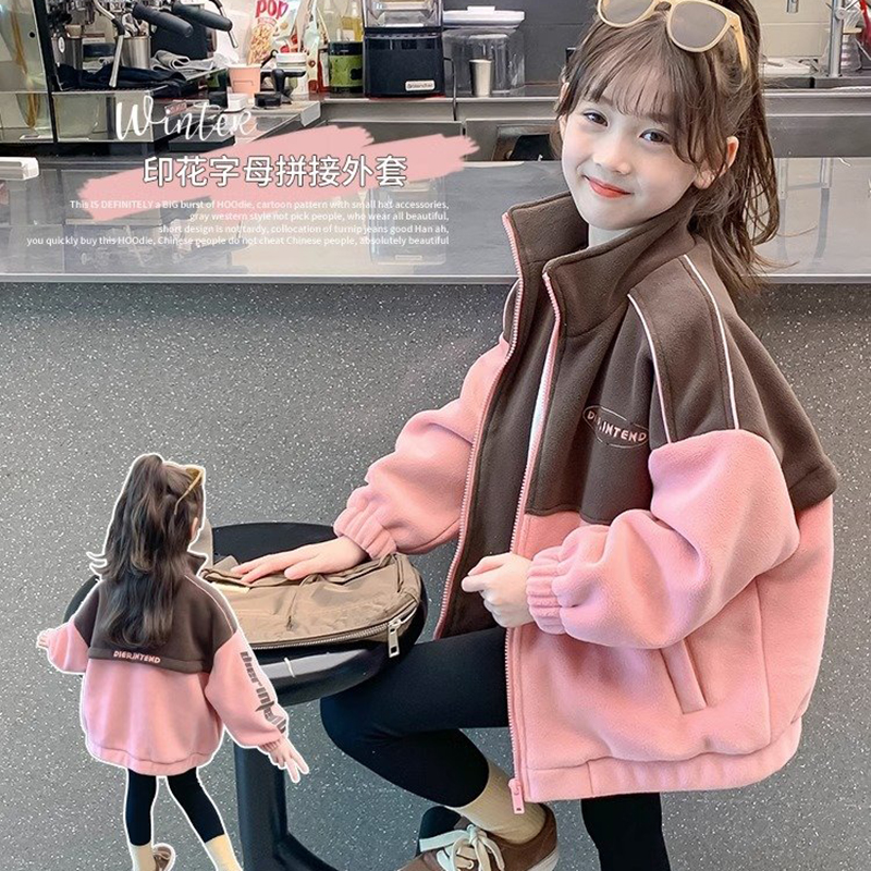 棒球服儿童外套新款中大童洋气毛毛棉袄加厚小女孩潮款冲锋衣印花