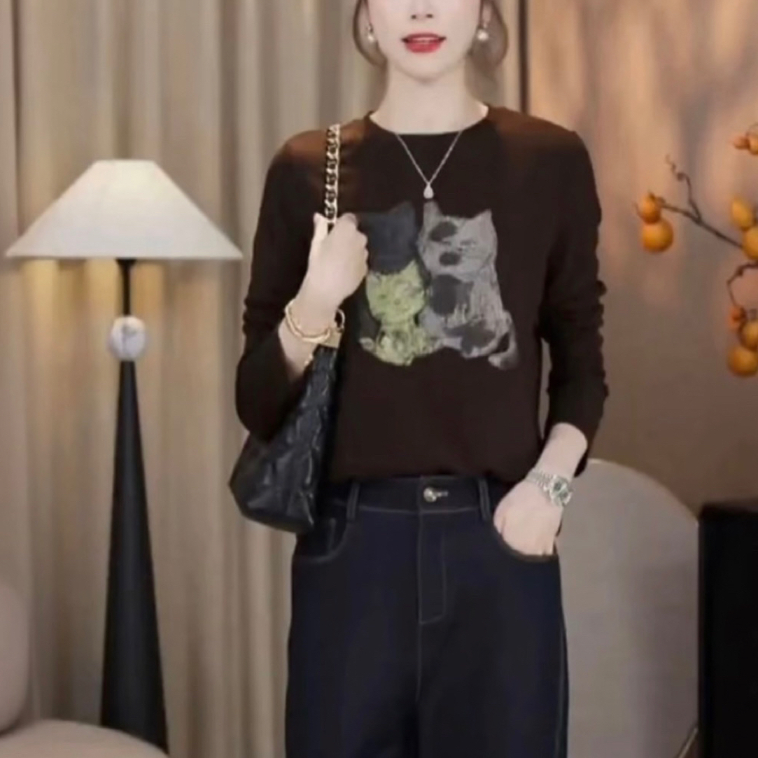 小猫印花上衣长袖女欧洲站 2025秋装新款女装洋气打底衫潮C2203