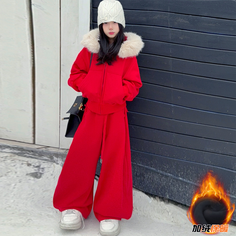 【毛妈潮牌】女童冬季大毛领加绒套装2025新款大童时髦连帽运动套装