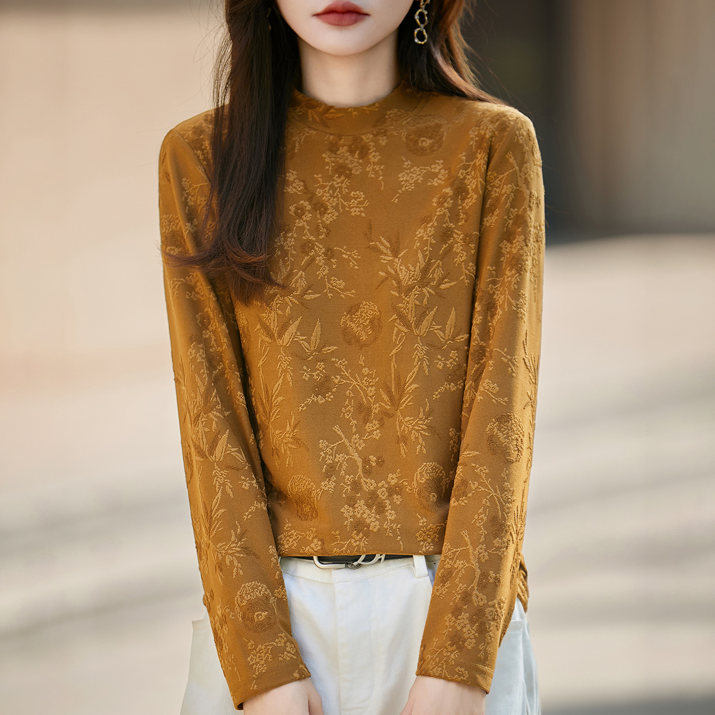 新中式复古提花半高领打底毛衫女国风高级感长袖保暖针织毛衣内搭