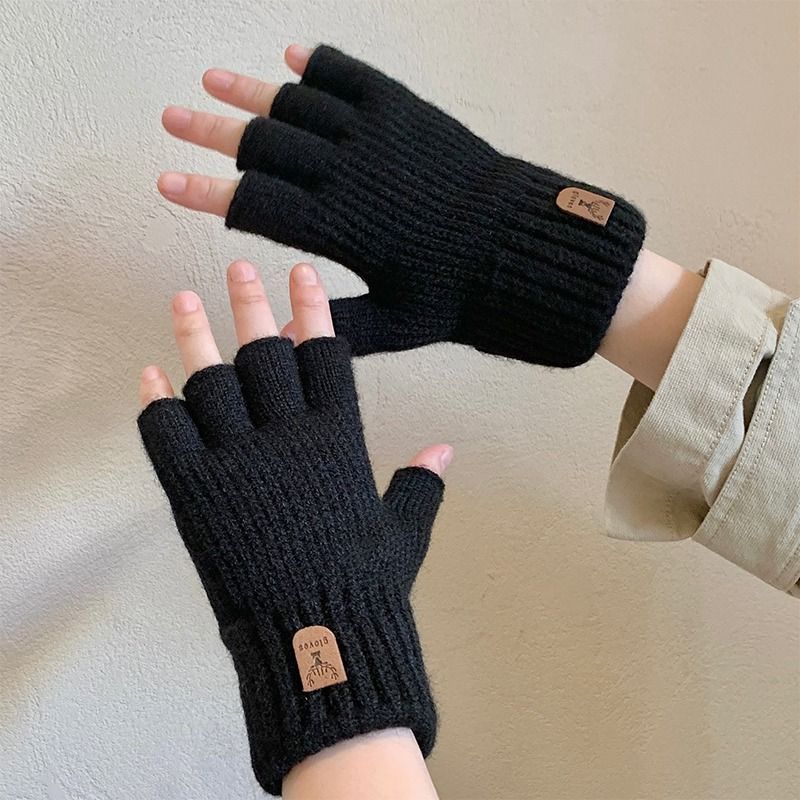 半指全指纯色手套学生冬季保暖韩版加厚写字触屏露指骑行保暖手套
