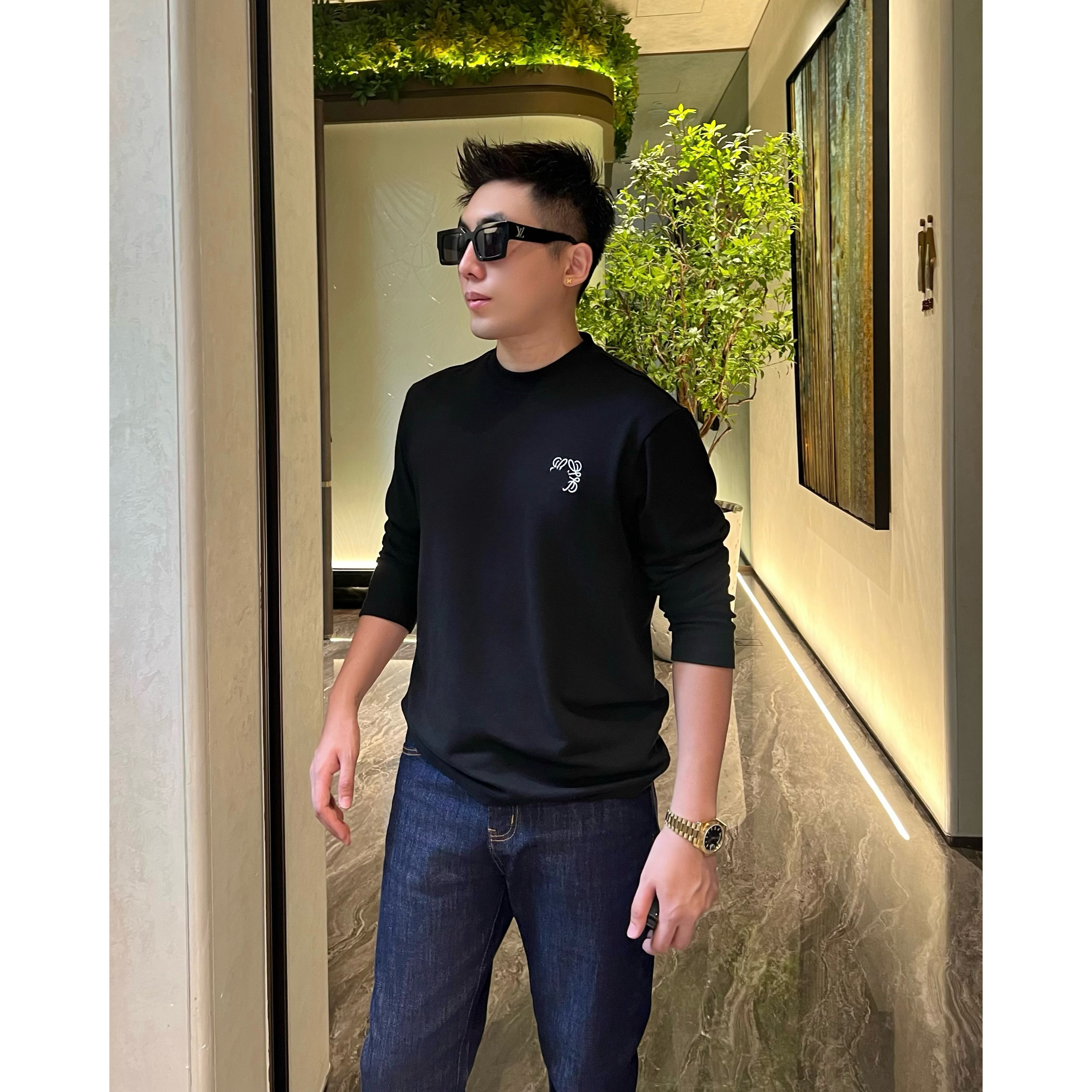 【小罗打底】痞帅男装莫代尔打底上衣意家刺绣贴身长袖T恤李查德