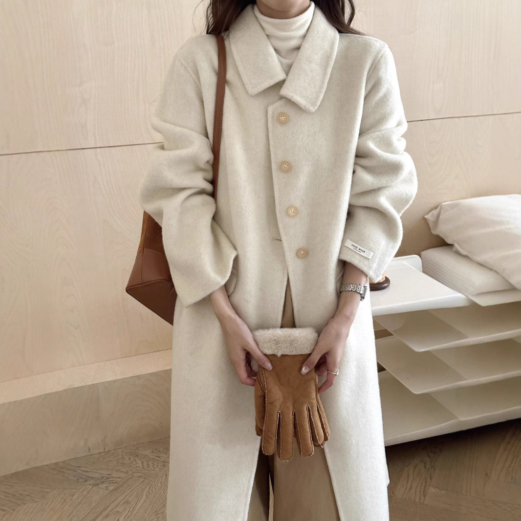 娃娃领高级感中长款简约单排扣双面羊毛大衣 加厚大袖口羊绒外套