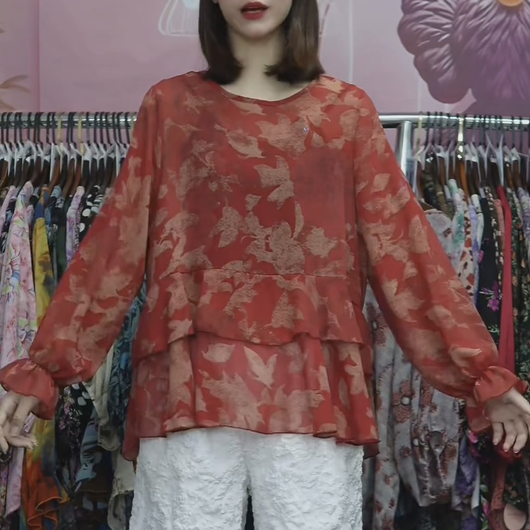 上衣女薄款荷叶边珍珠纱微透红色长袖小衫上衣宽松百搭女士