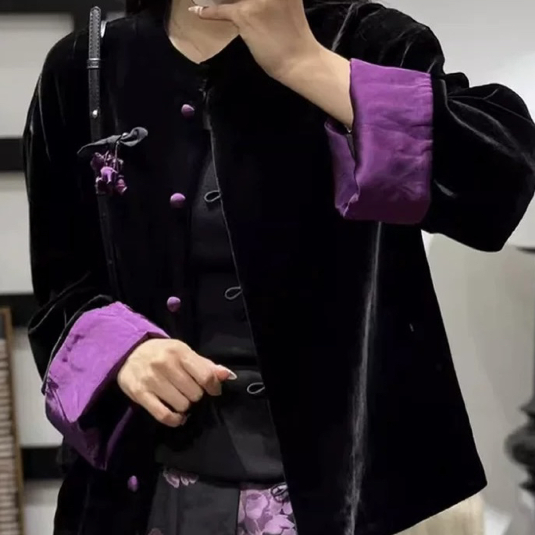 新中式丝绒外套女欧货年秋季新款圆领盘扣宽松休闲国风上衣潮042