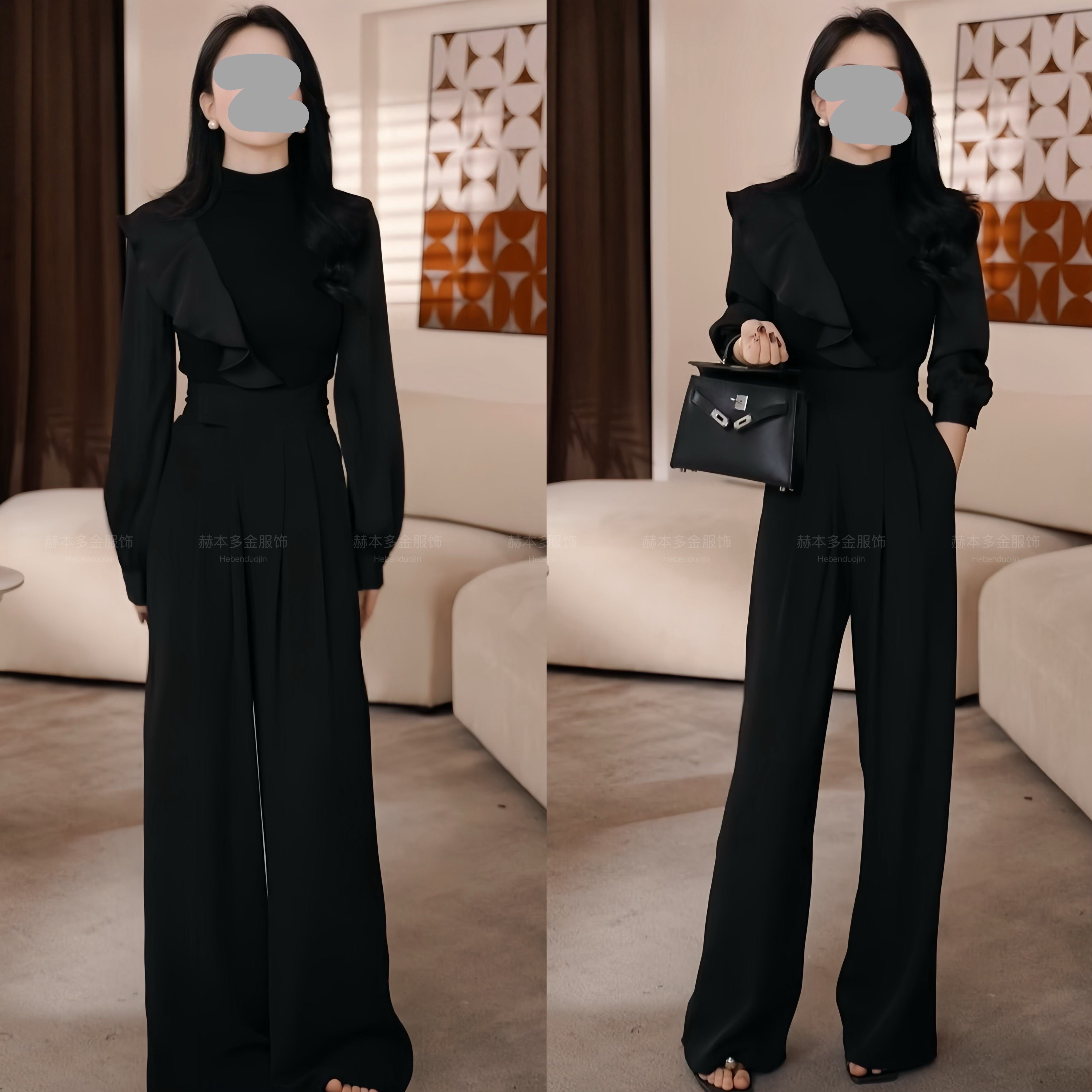 2025秋冬新款轻奢高级感时尚修身显瘦半高领上衣百搭西装裤套装女