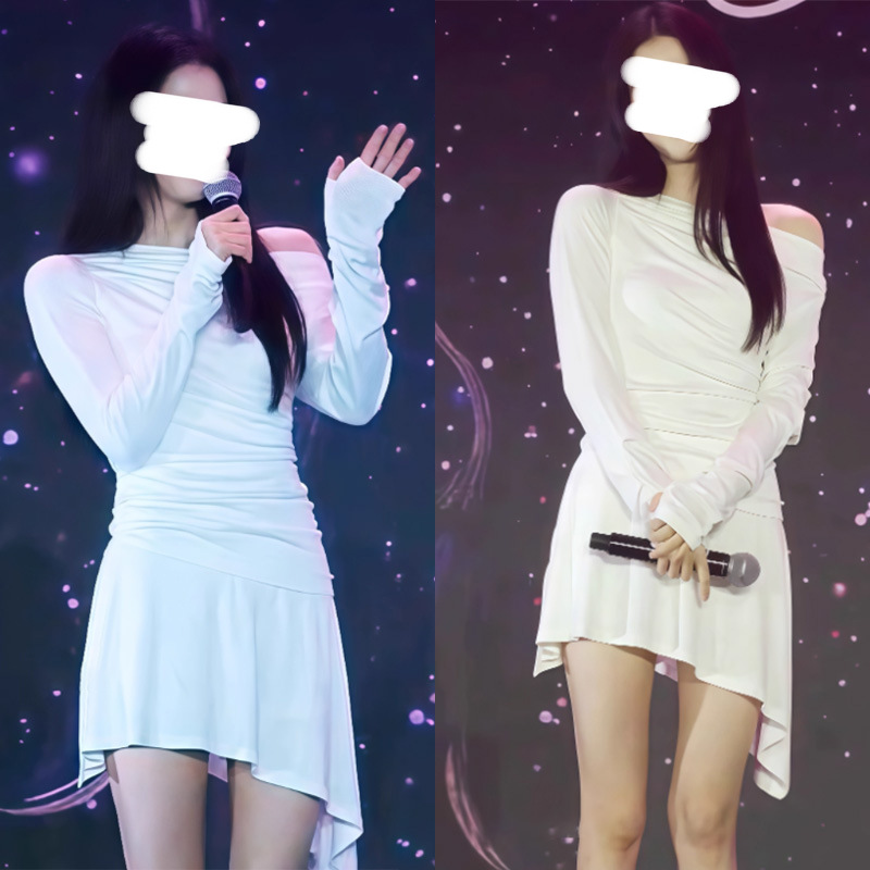 [打版中]韩素希同款斜肩不规则高级感早秋白色长袖修身显瘦连衣裙