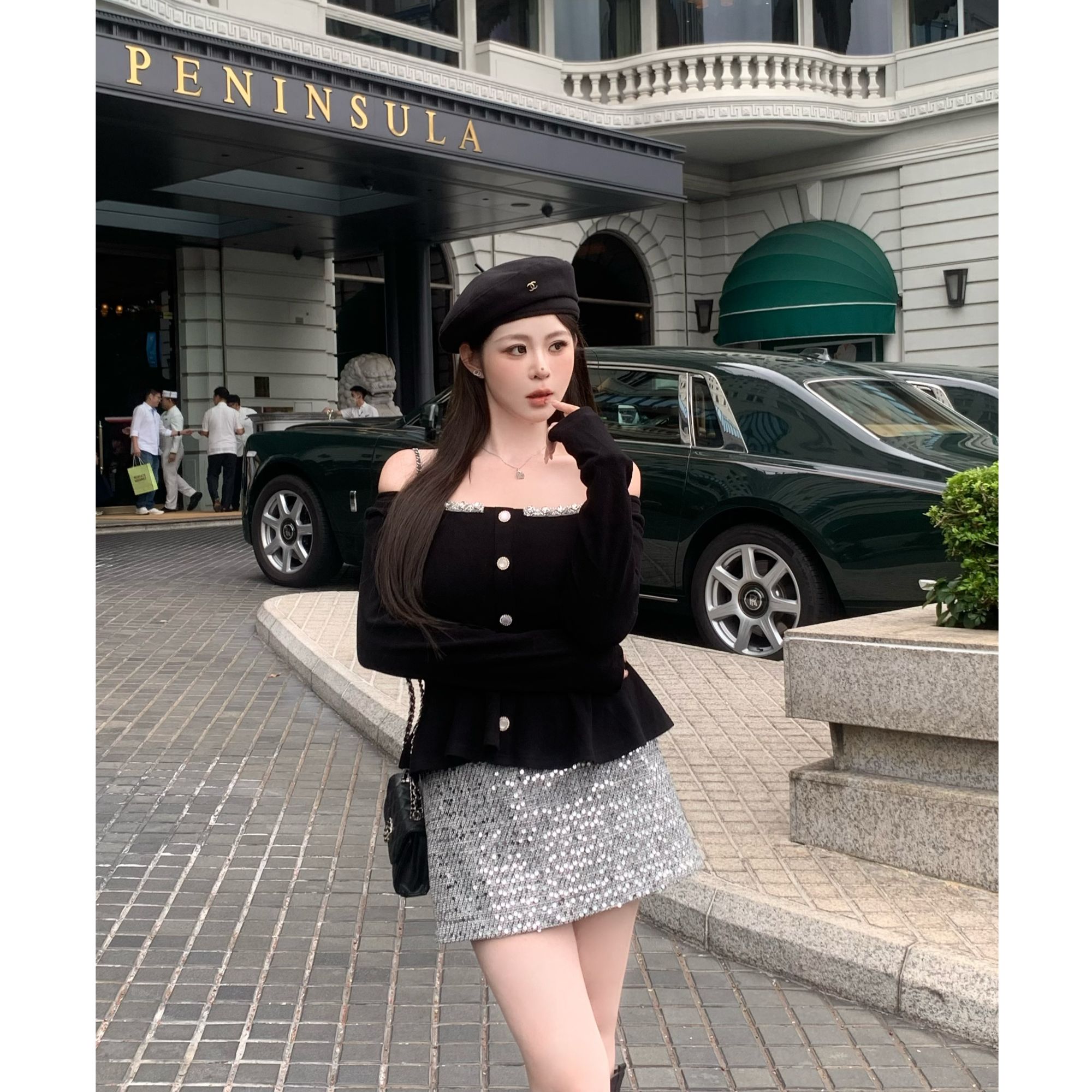 白77-大码女装千金一字肩针织衫女秋小香风收腰上衣短裙穿搭13405