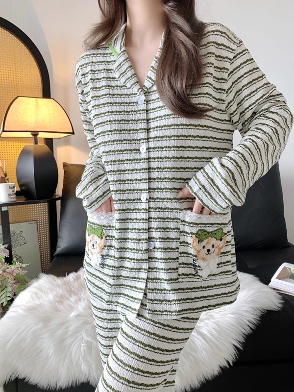 睡衣女春秋季开衫长袖甜美条纹休闲宽松套装家居服秋冬薄款