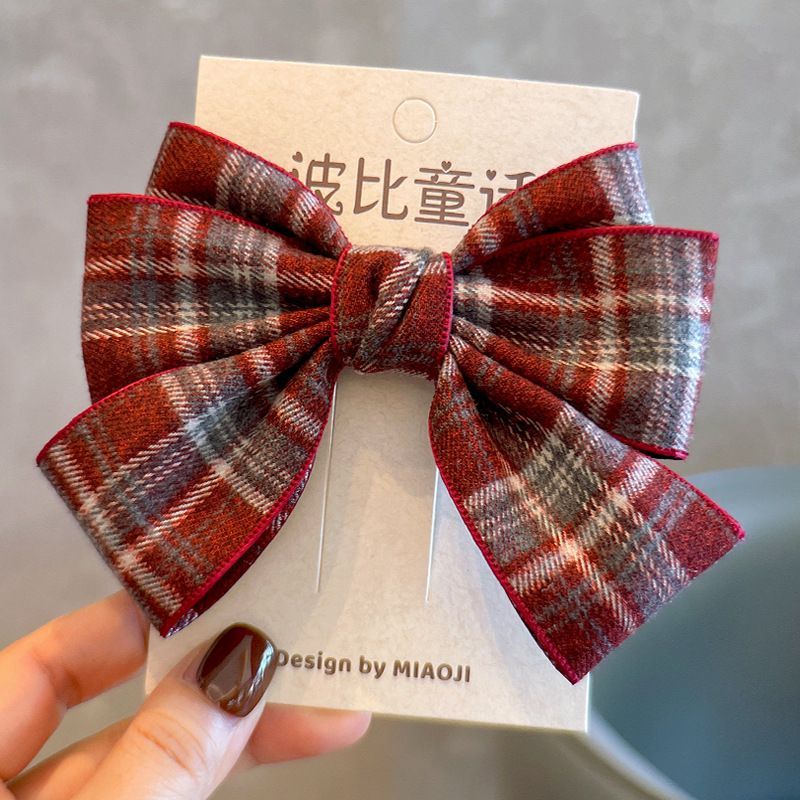 韩版秋冬呢料英伦风格子蝴蝶结儿童发夹刘海对夹发饰头饰新年