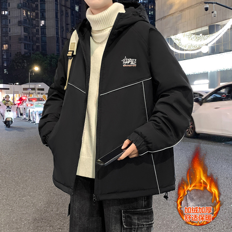 青少年学生加绒加厚休闲连帽夹克男秋冬新款潮流帅气宽松百搭外套