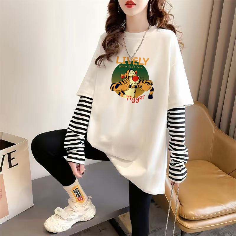 假两件条纹长袖t恤女秋冬内搭打底衫2025新款宽松中长款纯棉上衣