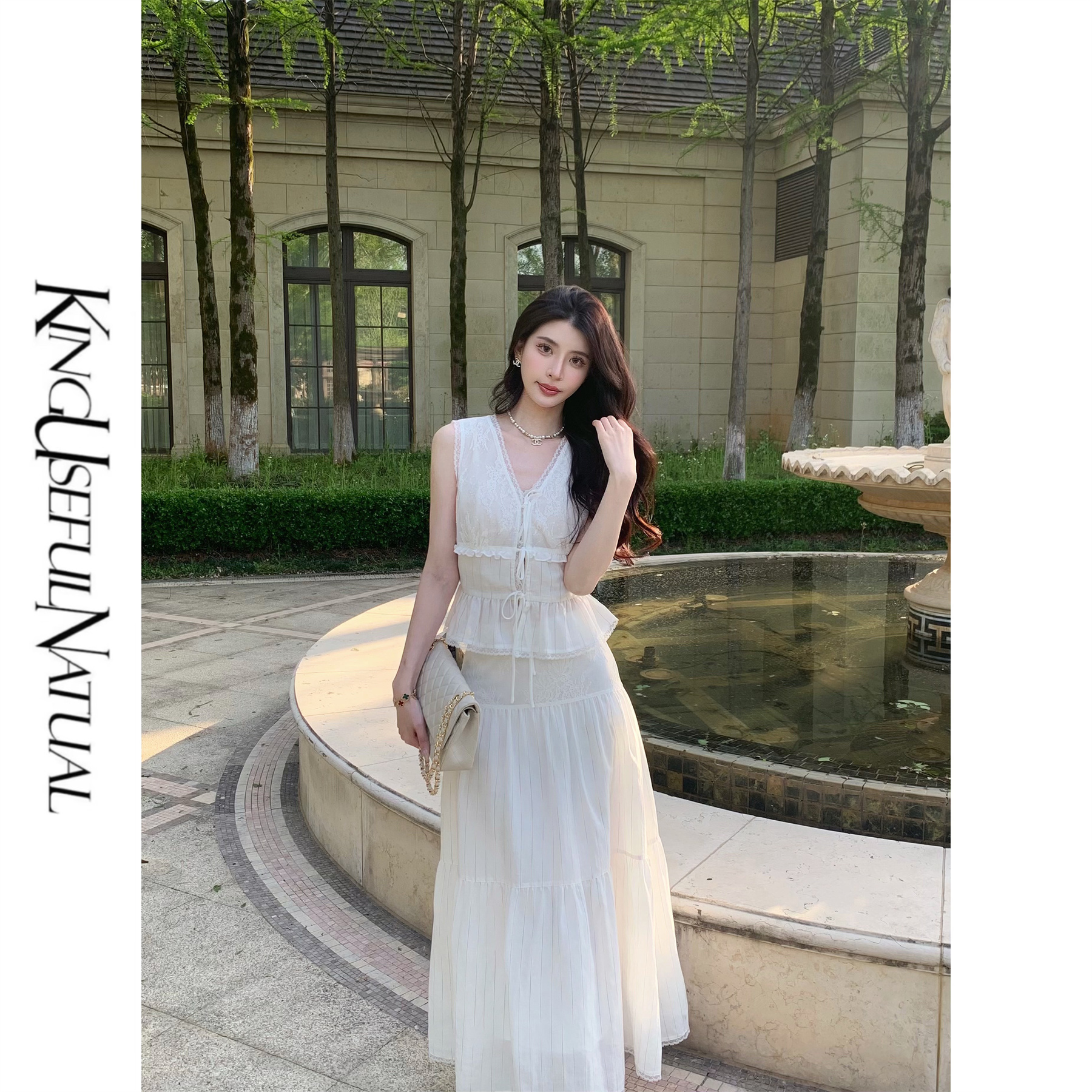 KUN【北城千金】精致小俏皮 亮片软蕾丝渐变细闪抽褶显瘦凉感套装