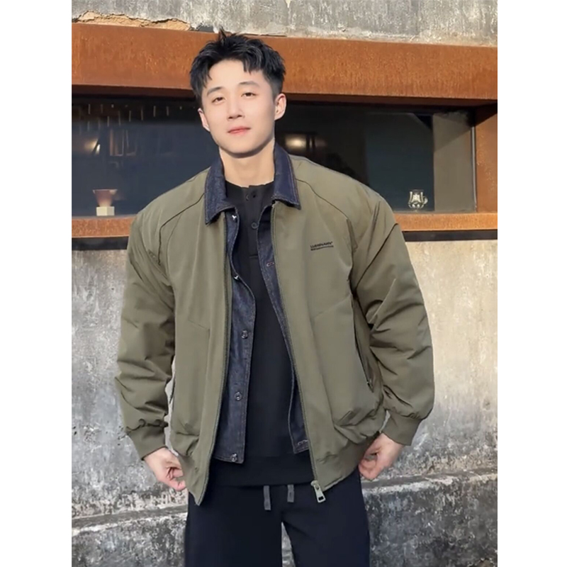 2025新款假两件设计感棉服外套牛仔翻领时尚百搭休闲夹棉夹克男装