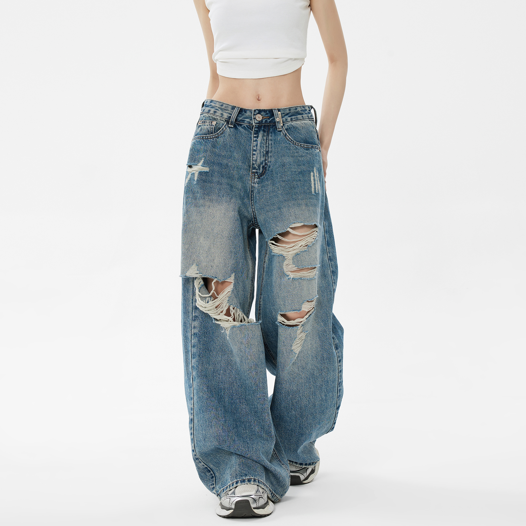 EDX美式复古破洞牛仔裤女夏季宽松阔腿裤高腰拖地裤水洗高街裤子