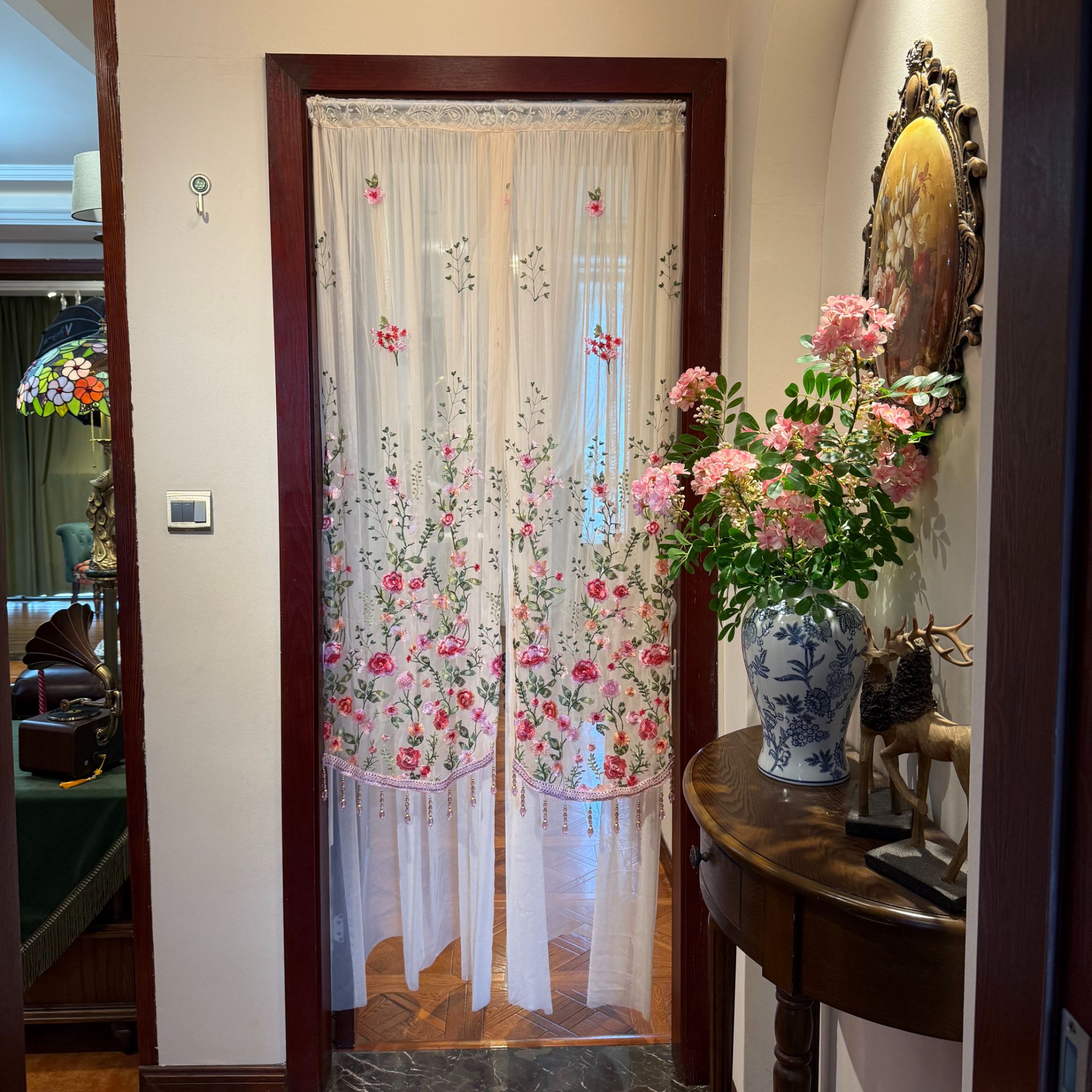 高定刺绣吊珠双层长门帘家用免打孔卧室氛围感隔断纱帘高级感客厅