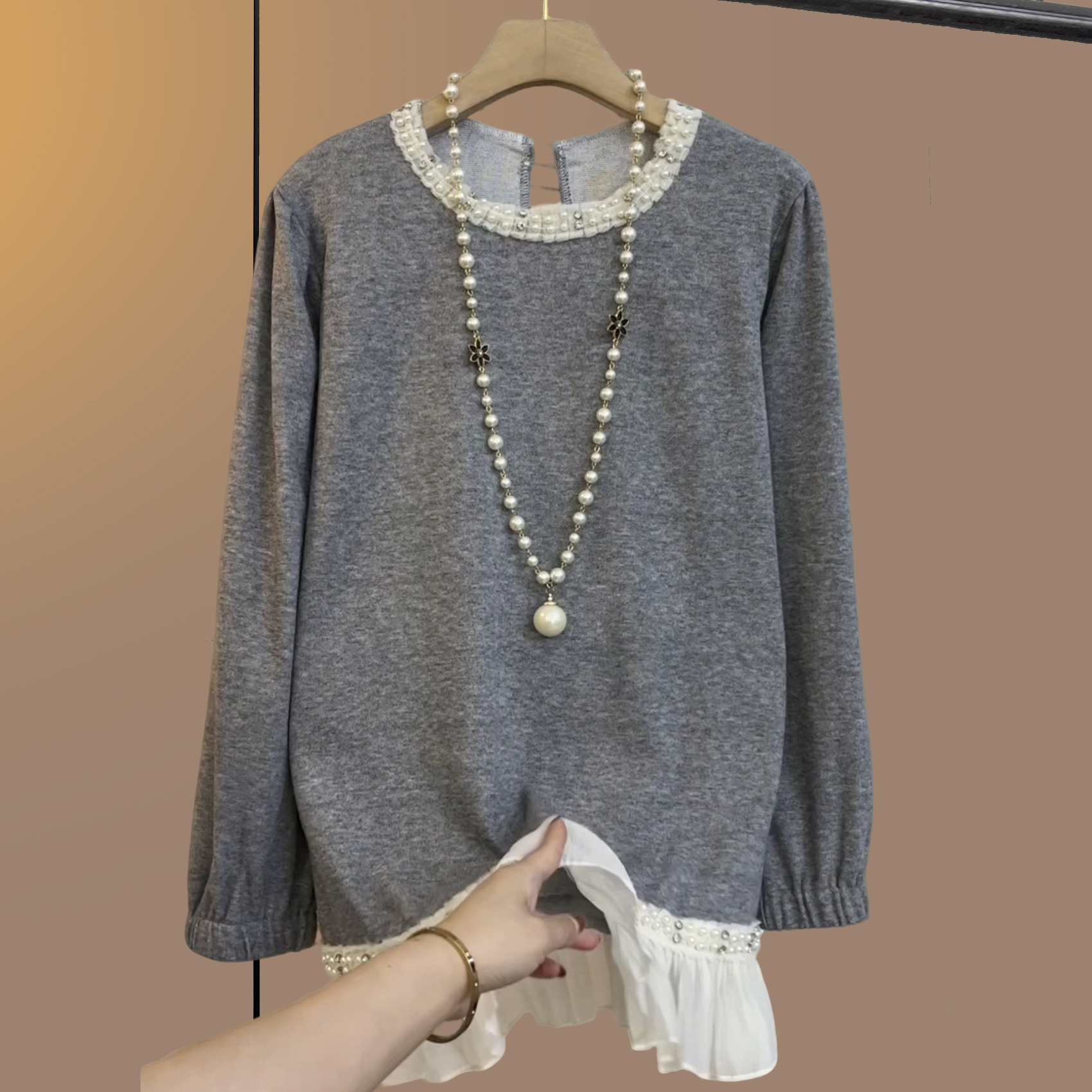 早秋季大码女装胖妹妹气质蕾丝显瘦宽松时尚减龄百搭上衣灰色大衫