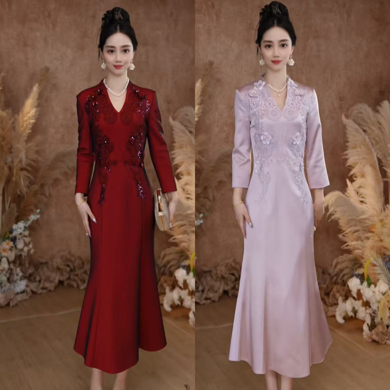 酒红色鱼尾礼服中长款平时可穿设计师小众优雅气质宴会生日连衣裙