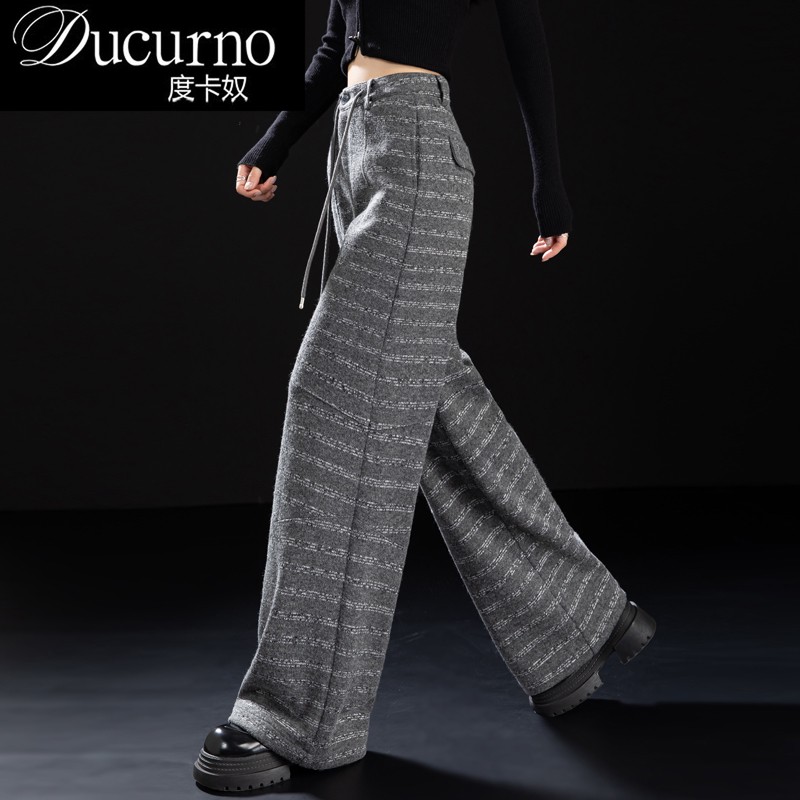 灰色条纹毛呢阔腿裤女装2025新款今年流行爆款女裤秋冬直筒休闲裤