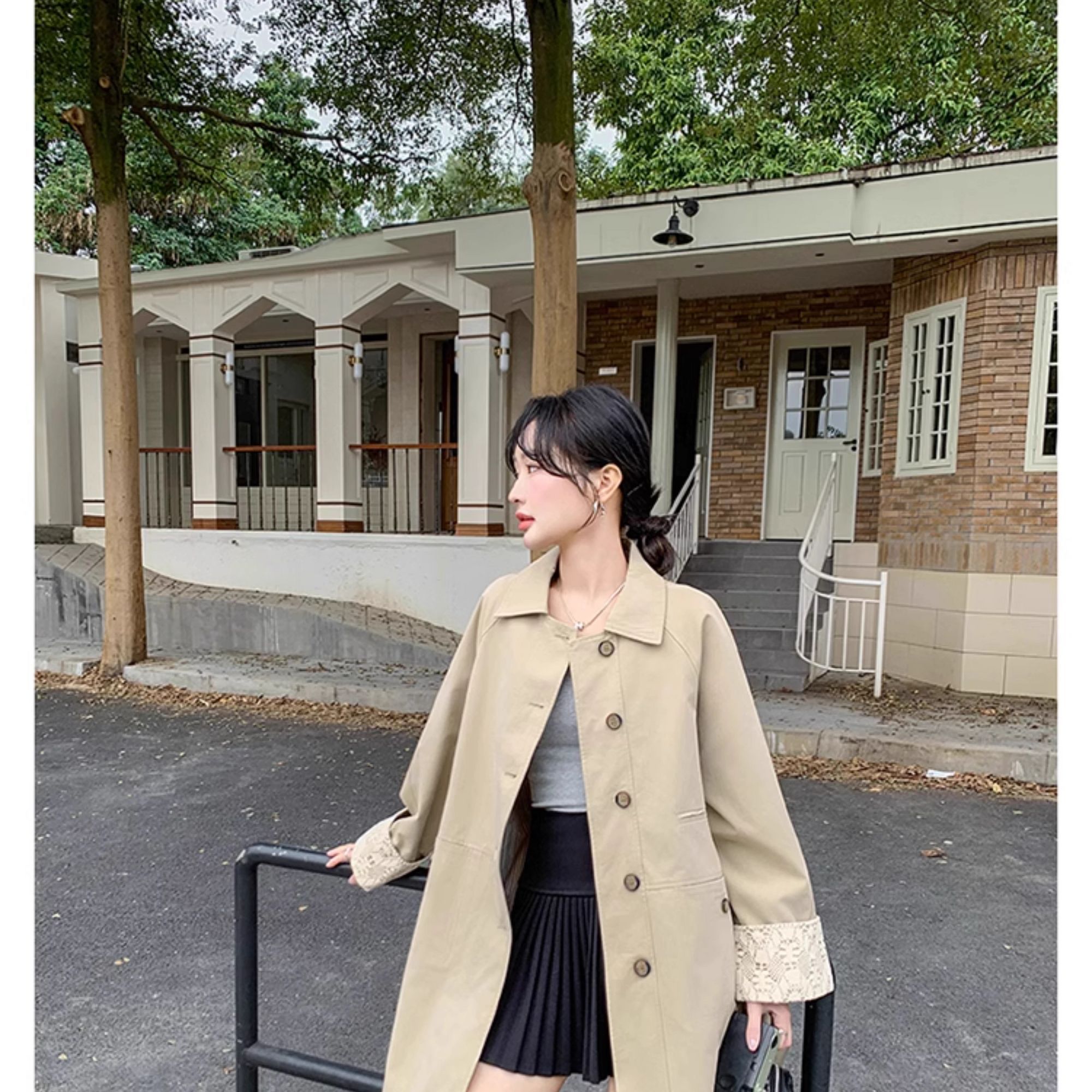 卡其色蕾丝翻袖风衣外套女2025秋季新款韩系高级感宽松休闲大衣潮