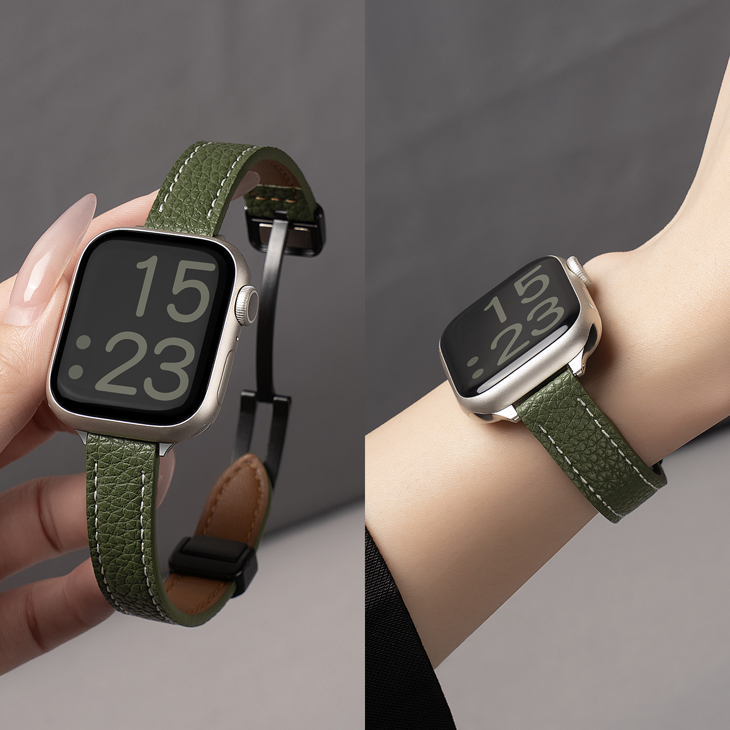 适用苹果S11手表iwatch10表带applewatch9荔枝纹真皮SE8磁吸7细款