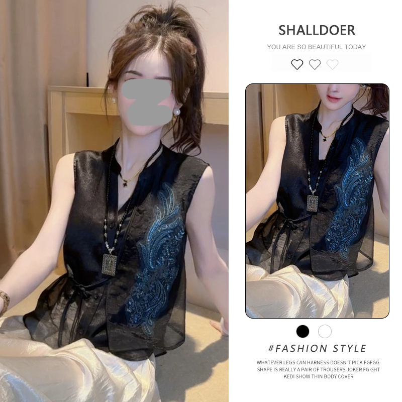 新中式国风重工刺绣钉珠无袖衬衫2025新款夏季宽松显瘦系带短上衣