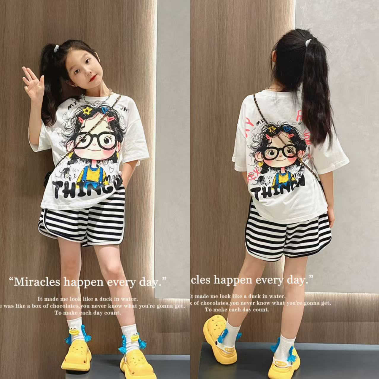 甜美风可爱卡通女孩趣味短袖大女童夏季新款涂鸦T恤条纹短裤套装