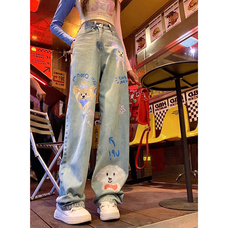 大码多巴胺穿搭卡通印花牛仔裤女夏季设计感涂鸦宽松阔腿直筒裤子
