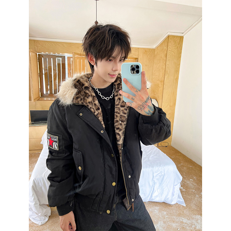 美式复古豹纹内里座山雕毛领棉服男款冬季高级感加绒加厚棉衣外套