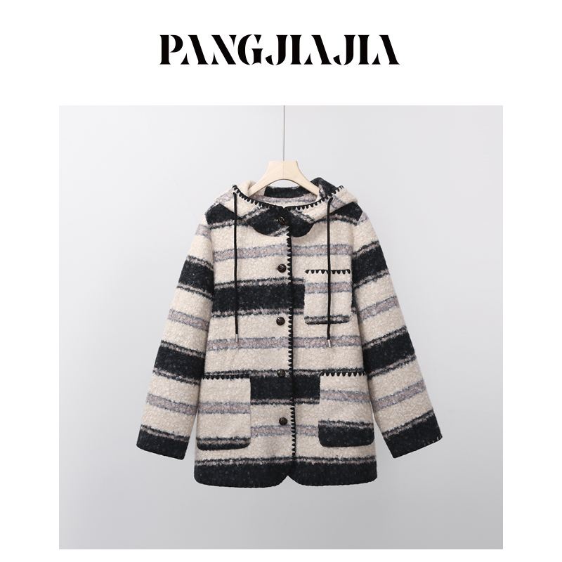 【胖佳佳】现货~费尔岛外套 冬季时尚夹棉羔毛连帽大衣H625Z18554