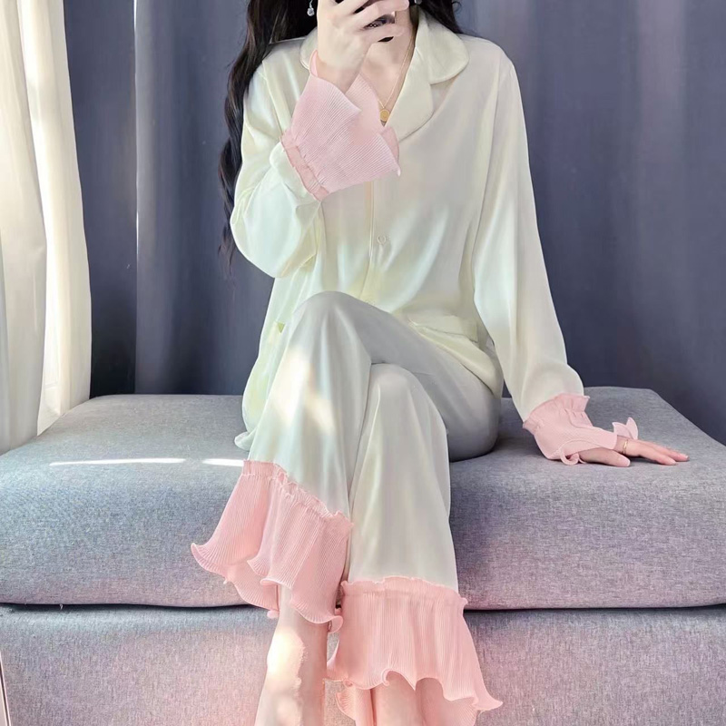 带胸垫冰丝睡衣女夏季柔光丝睡衣2025新款法式荷叶边冰雪丝家居服