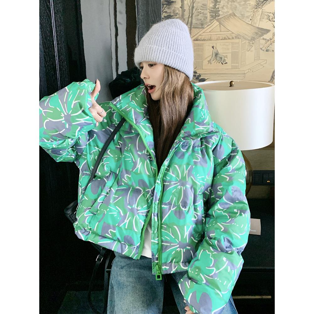 绿色印花白鸭绒短款羽绒服女冬2025新款立领保暖小个子面包服外套