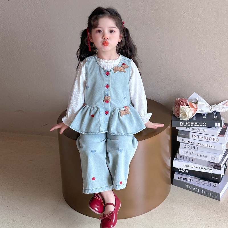 女童洋气花边牛仔套装2025春装新款时髦中小童三件套儿童潮春秋季