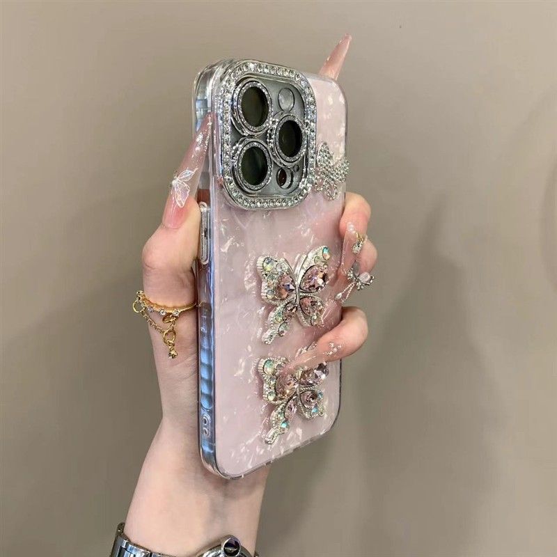 名媛风贝壳纹闪钻蝴蝶适用iPhone16promax手机壳15pro时尚14轻奢
