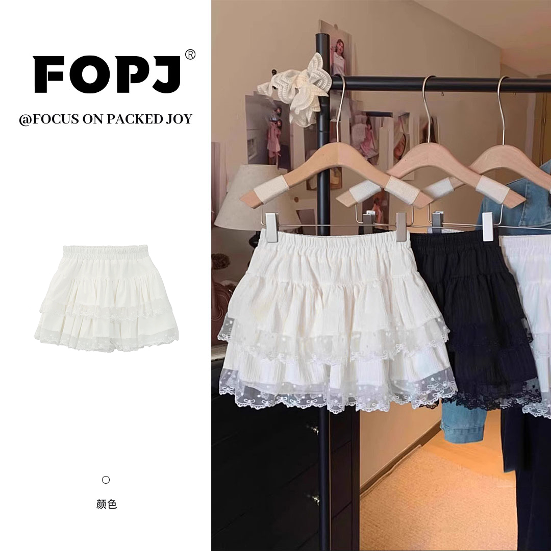FOPJ夏季新款芭蕾风蕾丝花边设计感蛋糕裙时尚百搭防走光A字短裙