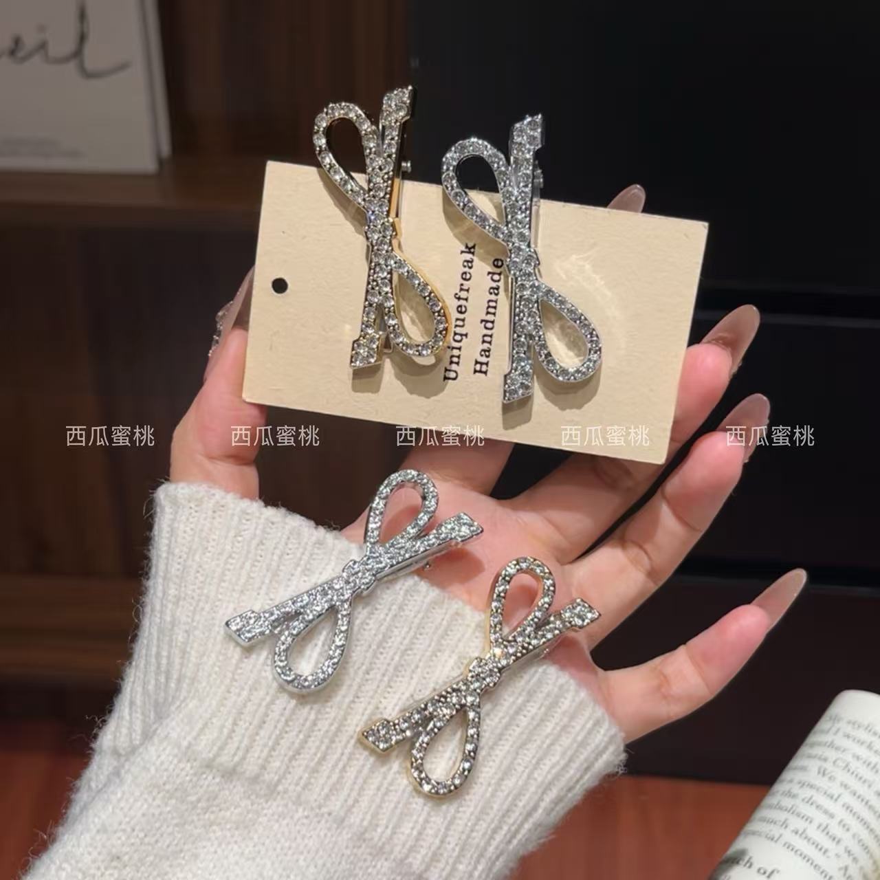 韩系爆闪水钻蝴蝶结发夹侧边夹鸭嘴夹冬日少女刘海发卡夹子头饰品