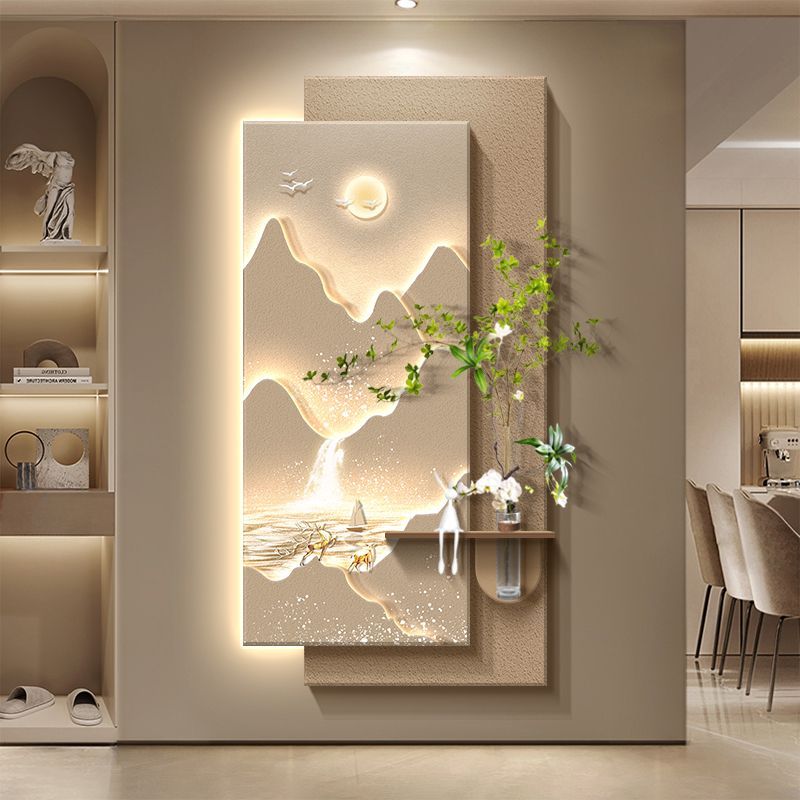 日照金山立体玄关装饰画入户正对门挂画造景奶油风客厅过道壁画灯