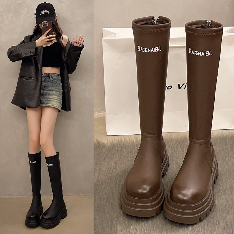 长筒靴香港女2025春秋厚底高筒骑士靴小个子瘦瘦靴显高增高时装靴