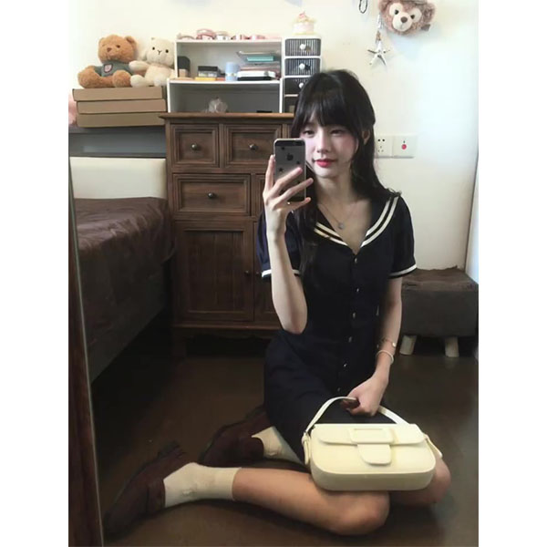 复古海军领短袖连衣裙女夏季小个子气质高级感收腰显瘦a字短裙子