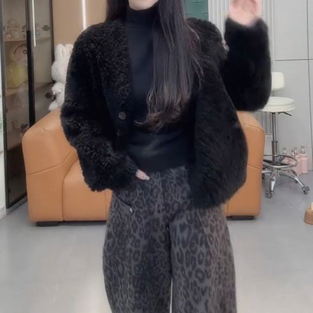 短外套冬季新款减龄显瘦保暖豹纹阔腿裤百搭套装